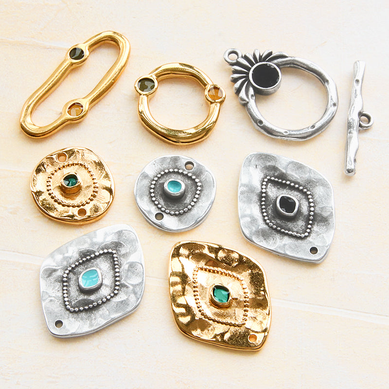 ギリシャパーツ ラウンドプレート 2穴 ターコイズ/銀古美