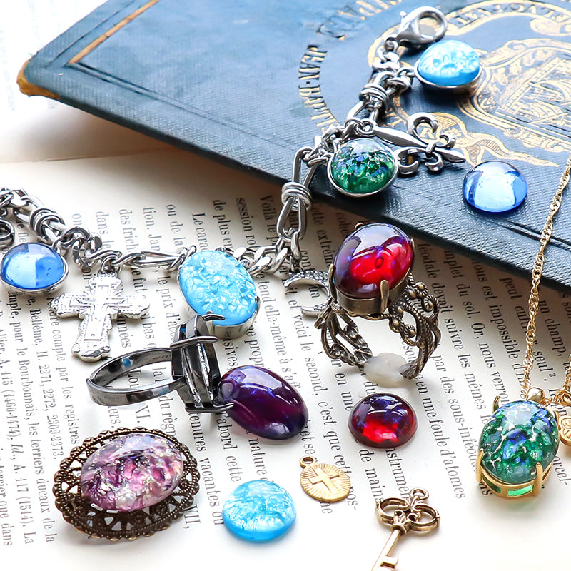 チェコ ガラスストーン ラウンドカボション パープルイエローオパールSV