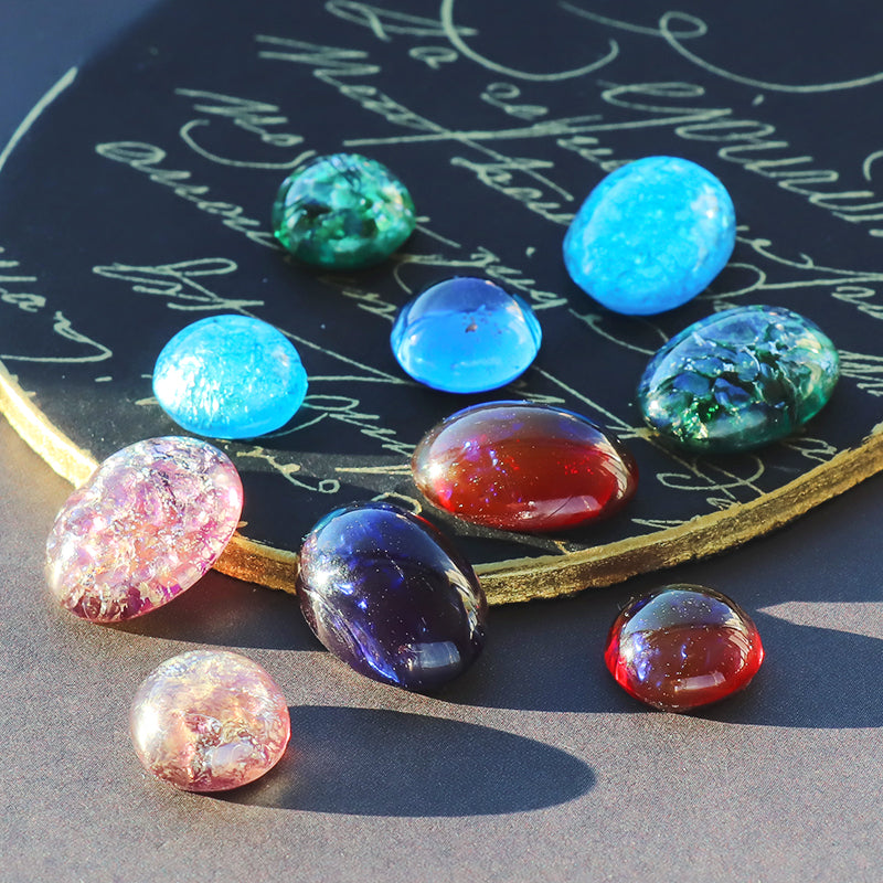 チェコ ガラスストーン ラウンドカボション パープルイエローオパールSV