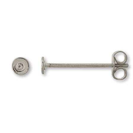 Long post earrings with round plate catch, rhodium color