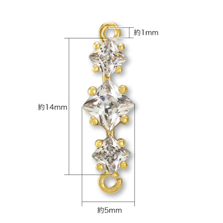 Charm Cubic Zirconia Nail Square 3 Rows No.1 2 Rings Rhodium Color