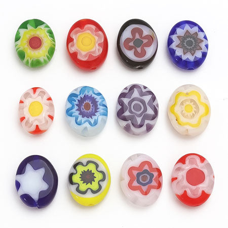 Millefiori glass flat oval mix approx. 8 x 10 mm