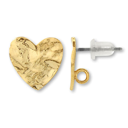 Stainless steel earrings, hammered heart, back button, catch, gold