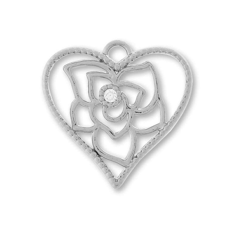 Charm Cubic Zirconia Rose Heart Rodium Color