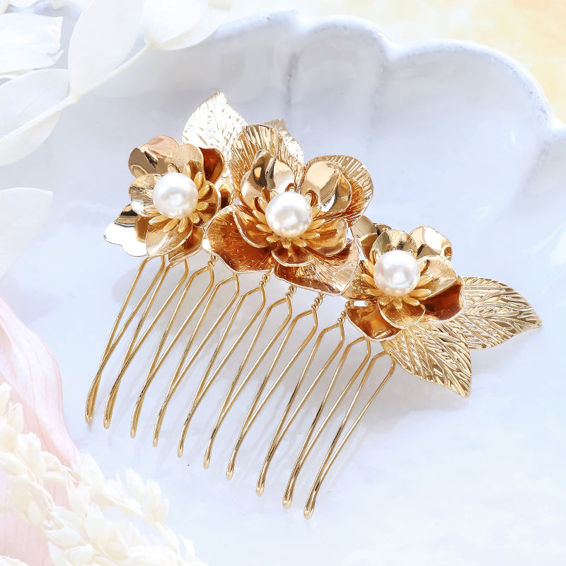 【KIWA BRIDAL】KBH-5 フラワーブーケ ヘアコーム ゴールド