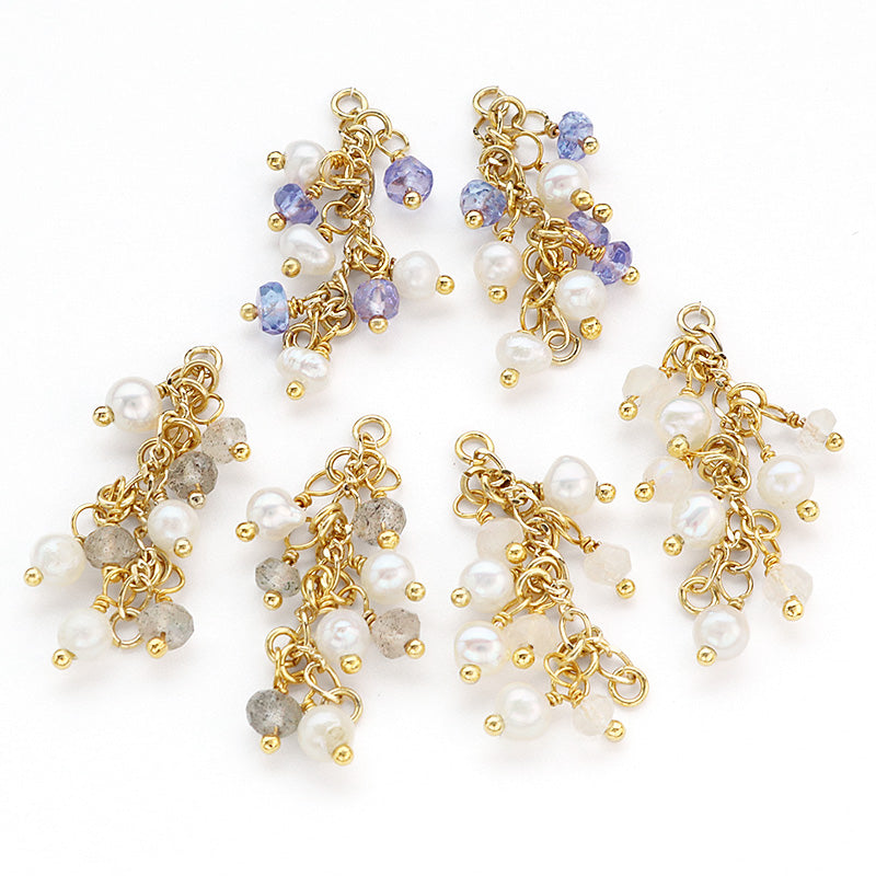 Natural stone, glasses fastening, fringe mix long, tanzanite/freshwater pearl
