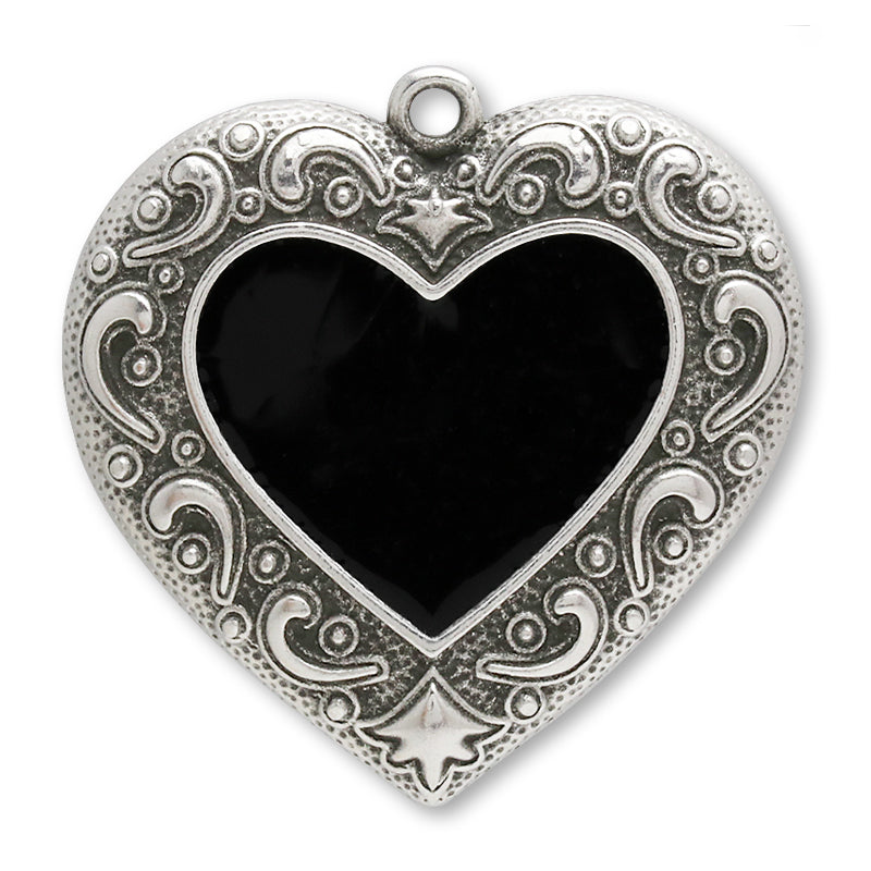 ギリシャチャーム ペイズリーハート ブラック/銀古美