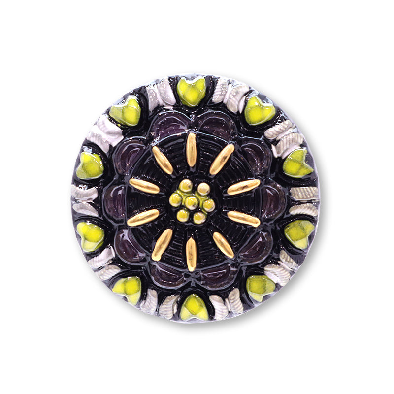 チェコ カボション レトロフラワー ブラック/ホワイトイエロー/G