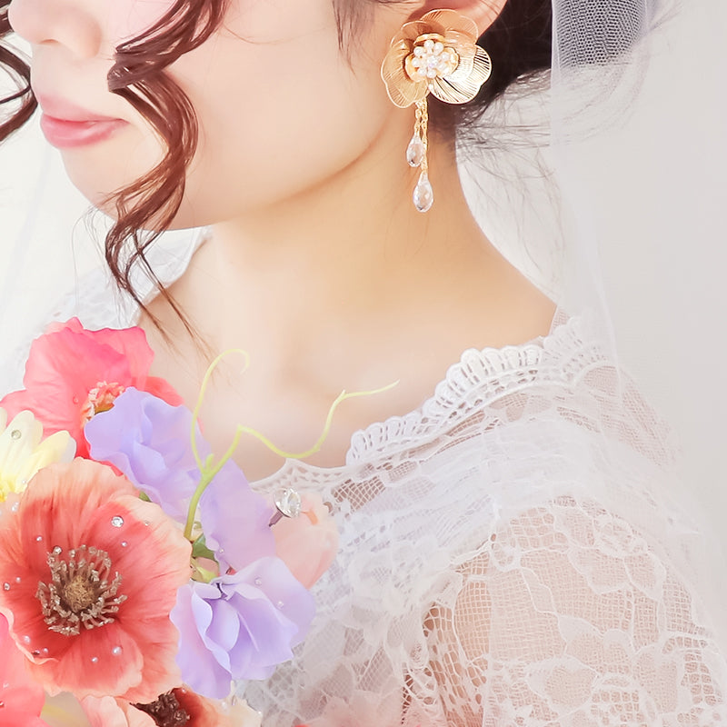 【KIWA BRIDAL】KBE-11 シアーフラワー イヤリング ゴールド
