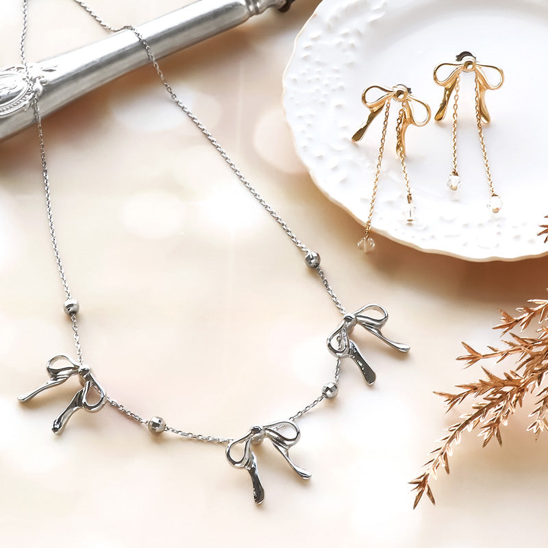 レシピNo.KR1102 スライドボール付パーツリボンのアクセサリー2種