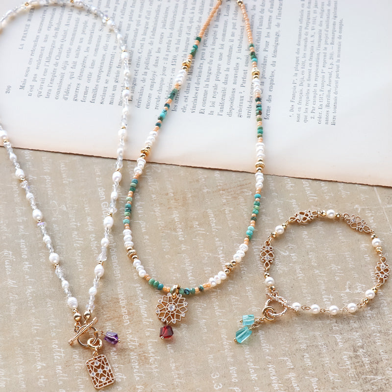 レシピNo.KR1127 天然石とパールとスカシのアクセサリー3種