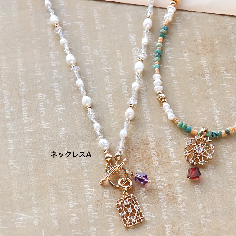 レシピNo.KR1127 天然石とパールとスカシのアクセサリー3種