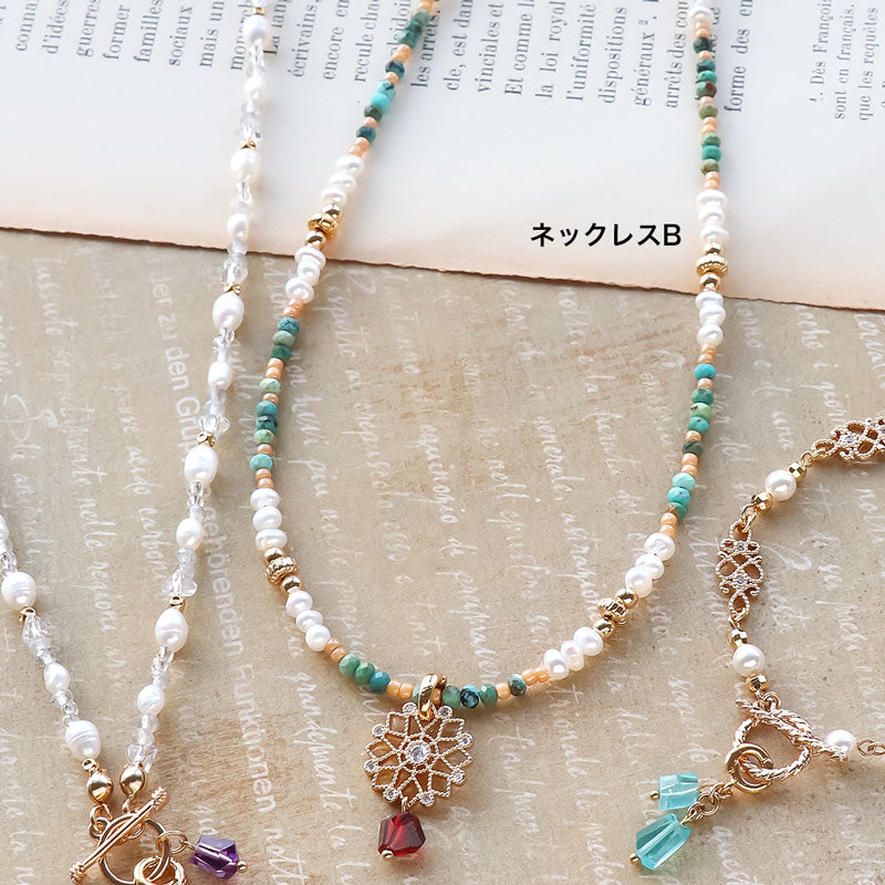 レシピNo.KR1127 天然石とパールとスカシのアクセサリー3種