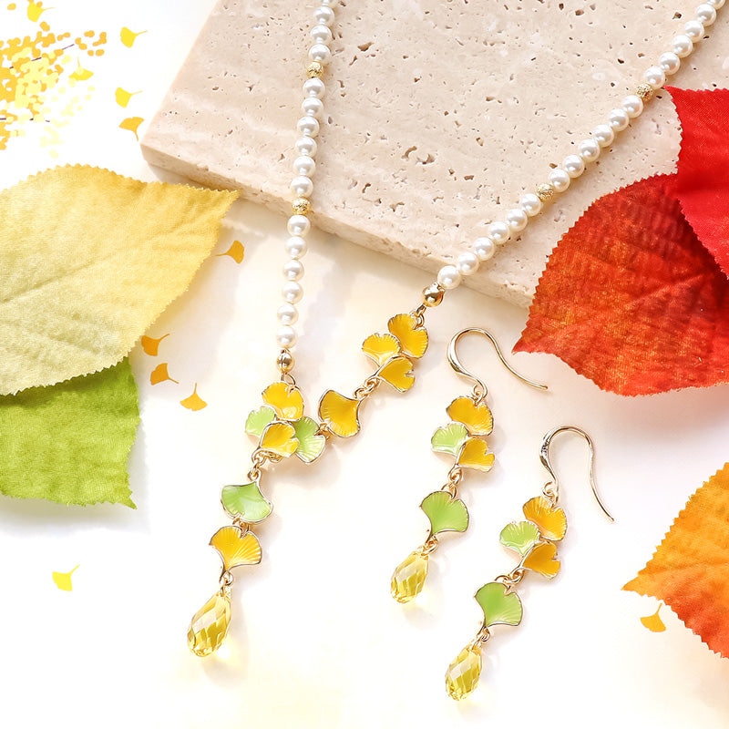 Recipe No. KR1257 Charm Ginkgo and Crystal Neck & Earrings