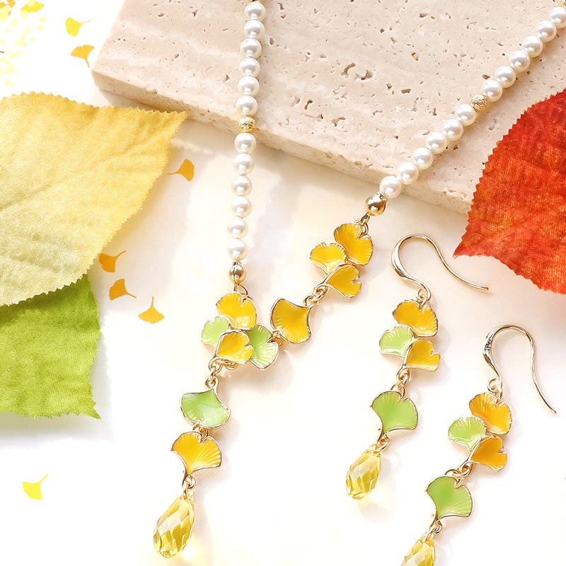 Recipe No. KR1257 Charm Ginkgo and Crystal Neck & Earrings
