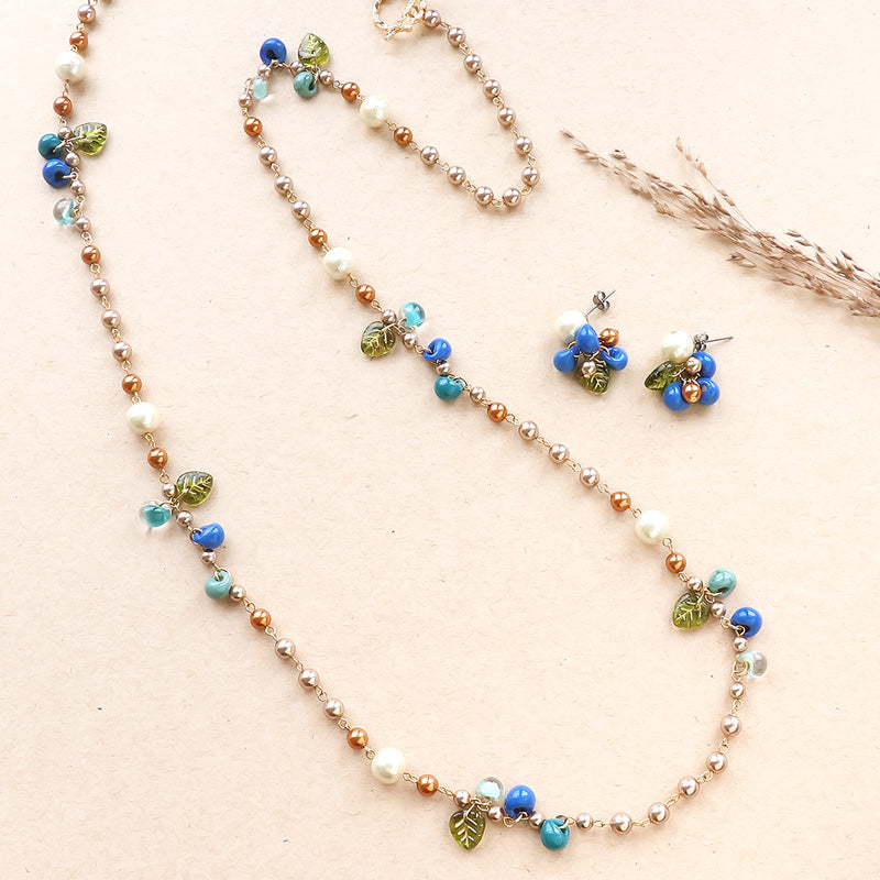 Recipe No. KR1264 Teardrop beads and pearl autumn neck and earrings
