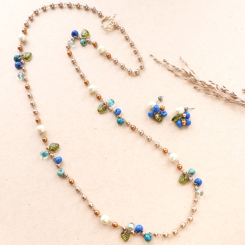 Recipe No. KR1264 Teardrop beads and pearl autumn neck and earrings