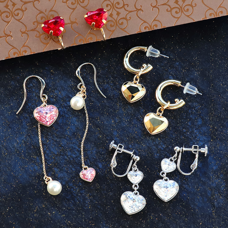 レシピNo.KR1310 貴和クリスタルのシンプルハートイヤーアクセサリー4種