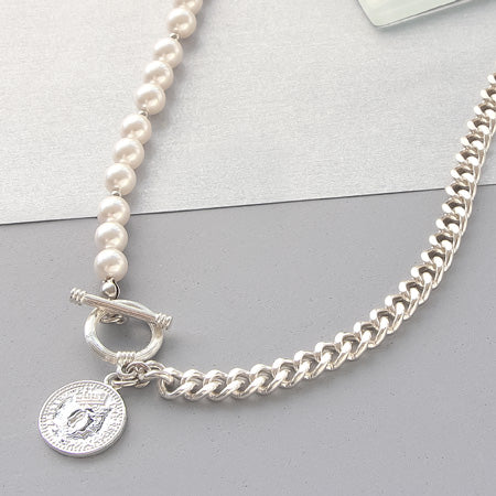 Recipe No.KR0350 Silver -plated chain and pearl co -in necklace