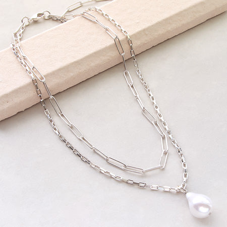 レシピNo.KR0351 シルバーメッキチェーンのビッグパールネックレス