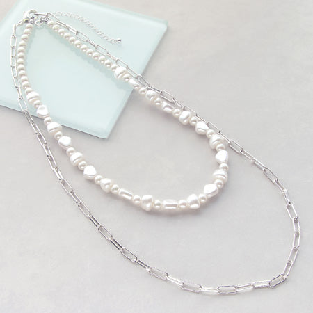 レシピNo.KR0352 シルバーメッキチェーンとバロックパールのレイヤードネックレス