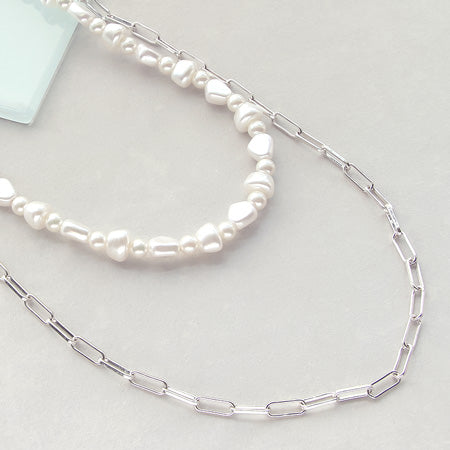 レシピNo.KR0352 シルバーメッキチェーンとバロックパールのレイヤードネックレス