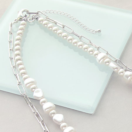 レシピNo.KR0352 シルバーメッキチェーンとバロックパールのレイヤードネックレス
