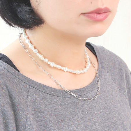 レシピNo.KR0352 シルバーメッキチェーンとバロックパールのレイヤードネックレス