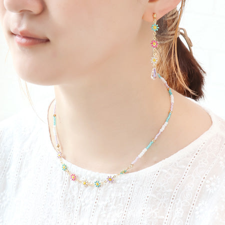 レシピNo.KR0573 デザインチェーンとシードビーズのフラワーネック&ピアス