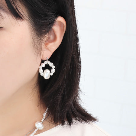 Recipe No.KR0594 Resin pearl baroque neck and earrings