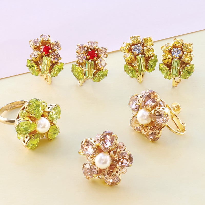 レシピNo.KR0681 貴和クリスタルのフラワーモチーフアクセサリー3種