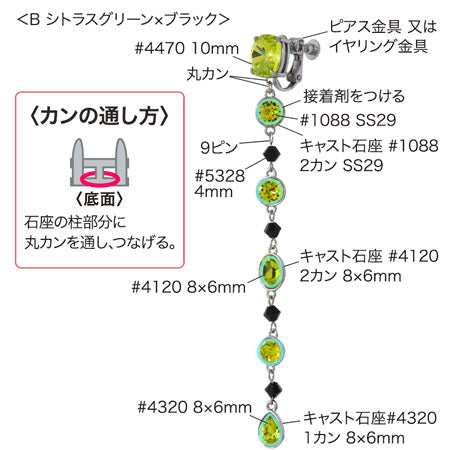 レシピNo.KR0707 貴和クリスタルシトラスグリーンのヘビーロングイヤーアクセサリー3種