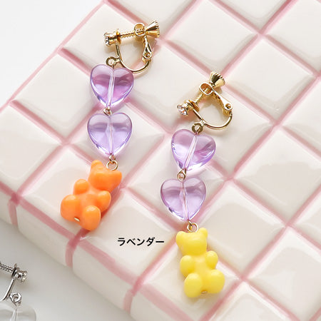 レシピNo.KR0718 樹脂ビーズクマとハートのイヤリング