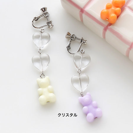 レシピNo.KR0718 樹脂ビーズクマとハートのイヤリング