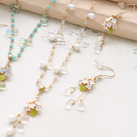 レシピNo.KR0733 雨の日を楽しむ 紫陽花と雫のネック&ピアス