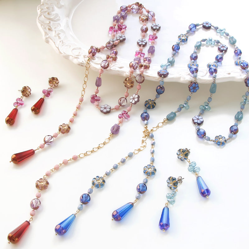 Recipe No.KR0878 Czech bead flower mix lariat & earrings