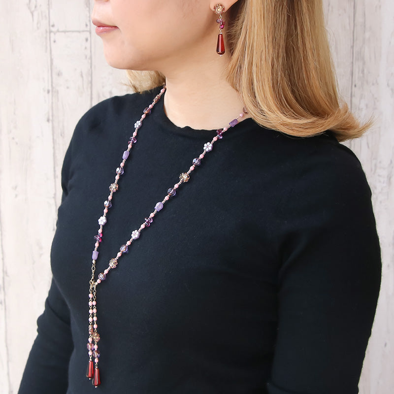 Recipe No.KR0878 Czech bead flower mix lariat & earrings