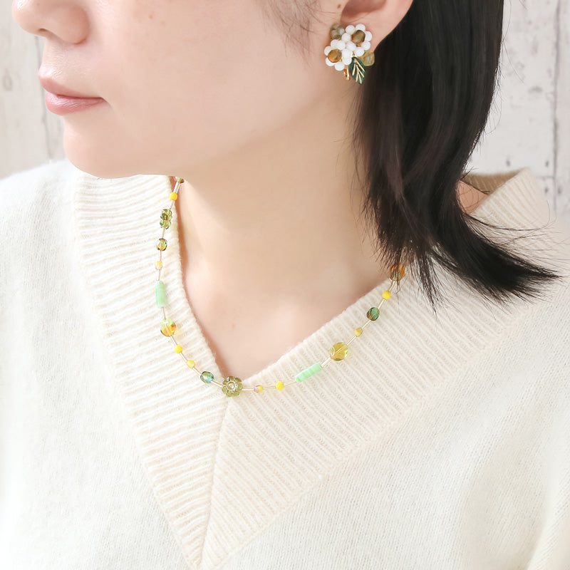 Recipe No.KR0883 Colorful flower neck and earrings made of Czech beads