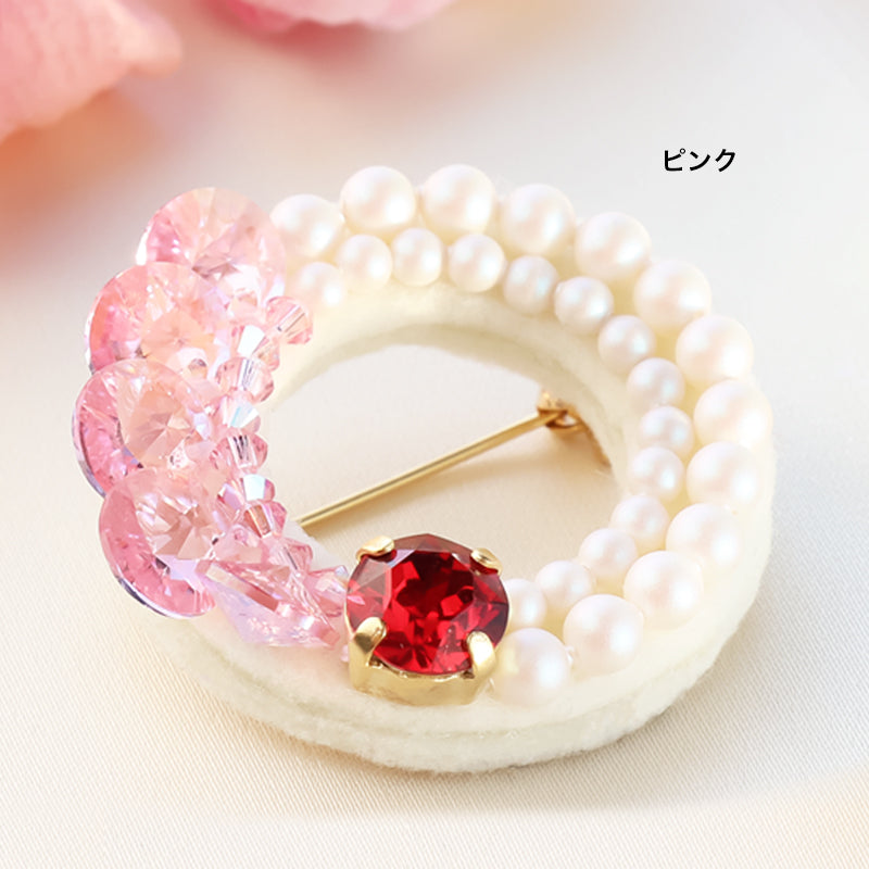 レシピNo.KR0943 パールとビジューのサークル刺繍ブローチ