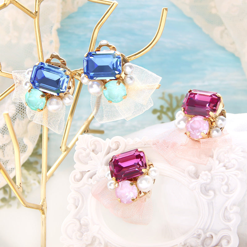 レシピNo.KR0981 貴和クリスタルとパールのリボンイヤリング