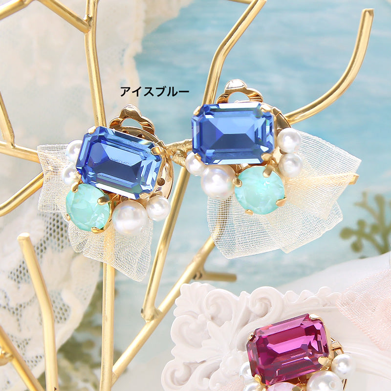 レシピNo.KR0981 貴和クリスタルとパールのリボンイヤリング