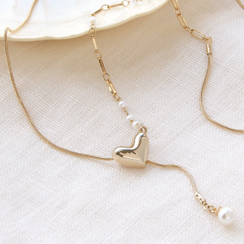 レシピNo.KR0998 スライドボール付パーツハートのアシンメトリーチェーンネックレス