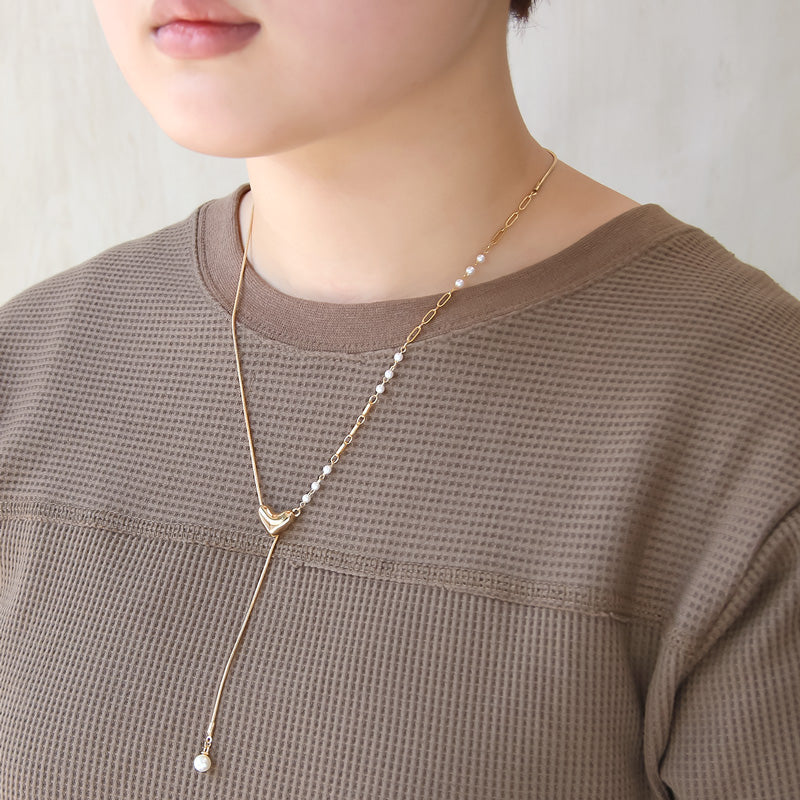 レシピNo.KR0998 スライドボール付パーツハートのアシンメトリーチェーンネックレス