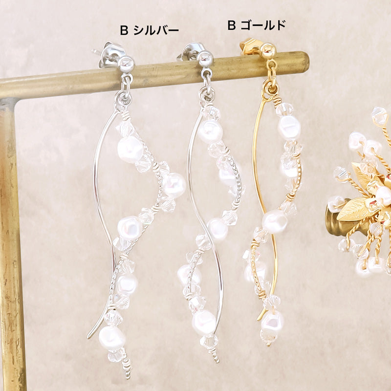 レシピNo.KR1136 貴和クリスタルと樹脂パールのワイヤーアレンジピアス2種