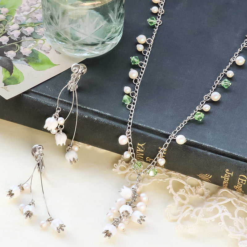 レシピNo.KR1169 チャームすずらんとクリスタルパールのネック&イヤリング