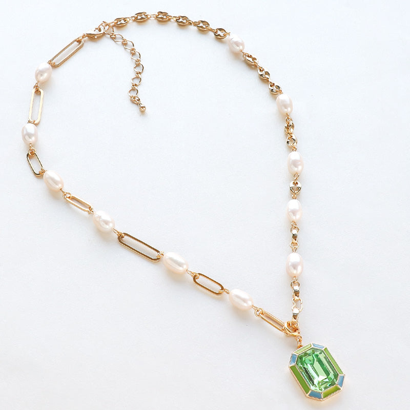 レシピNo.KR1192 石座チャームエポ付レクタングルと淡水パールの2wayネックレス