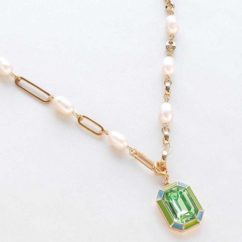 レシピNo.KR1192 石座チャームエポ付レクタングルと淡水パールの2wayネックレス
