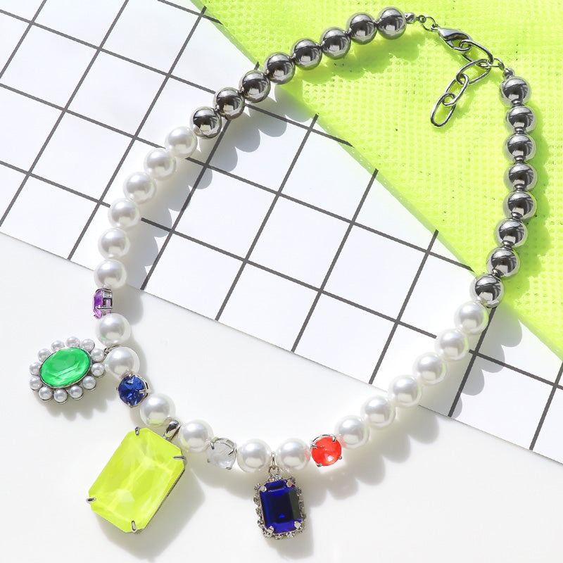 Recipe No. KR1195Kiwa crystals Electric colour big rectangle necklace