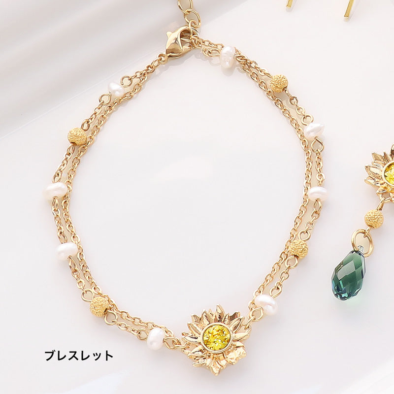 レシピNo.KR1235 チャームひまわりと淡水パールのネック&ブレス&ピアス