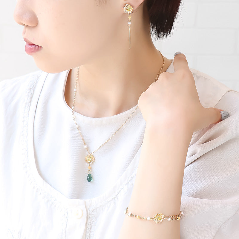 レシピNo.KR1235 チャームひまわりと淡水パールのネック&ブレス&ピアス